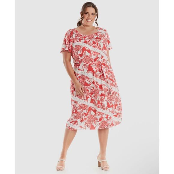 NWT Estelle Dress Floral Amazonian Lily A-line Red White Belt Size 4X - Picture 1 of 7